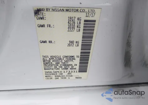 2018 Nissan Altima 2.5 Sl z USA, uszkodzony, nr VIN 1N4AL3APXJC173331